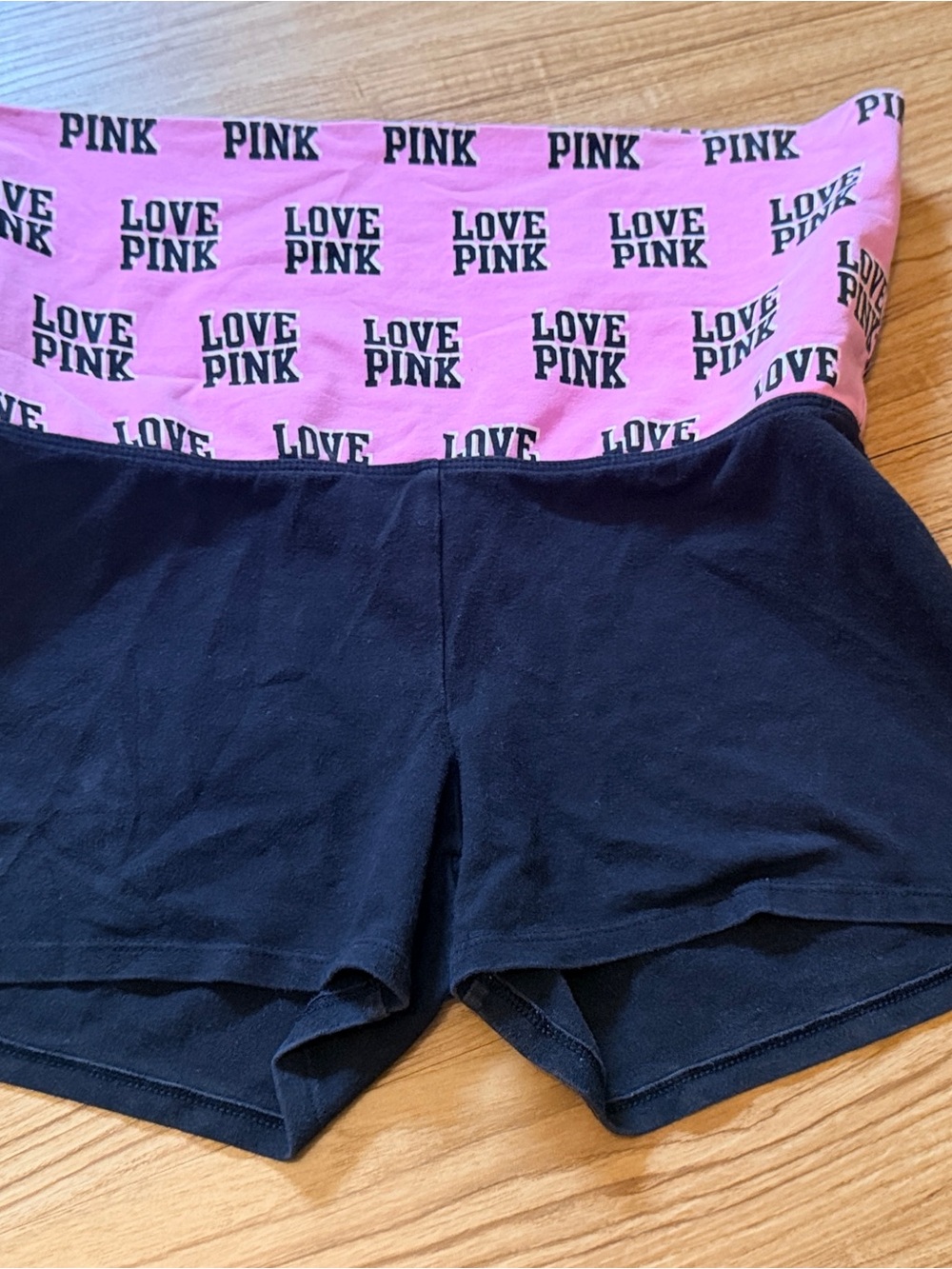 PINK Victoria's Secret roll-down Black Athletic Shorts with Pink Logo Waistband